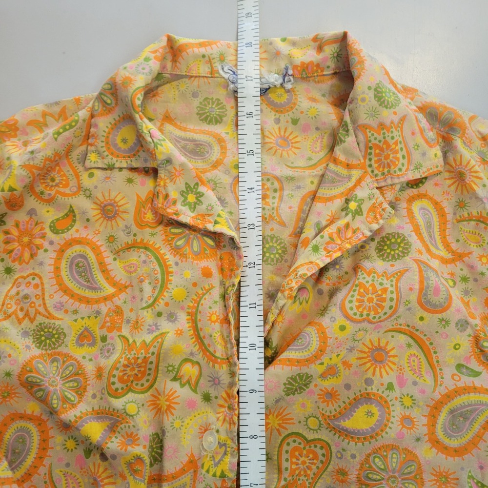 Vintage Ellen Tracy Paisley Floral Blouse Orange Yellow 3/4 Sleeve Tie Hem XXS - Picture 7 of 8
